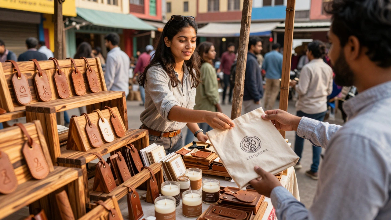 Entrepreneur selling handmade leather goods and candles at a bustling Indian market stall.