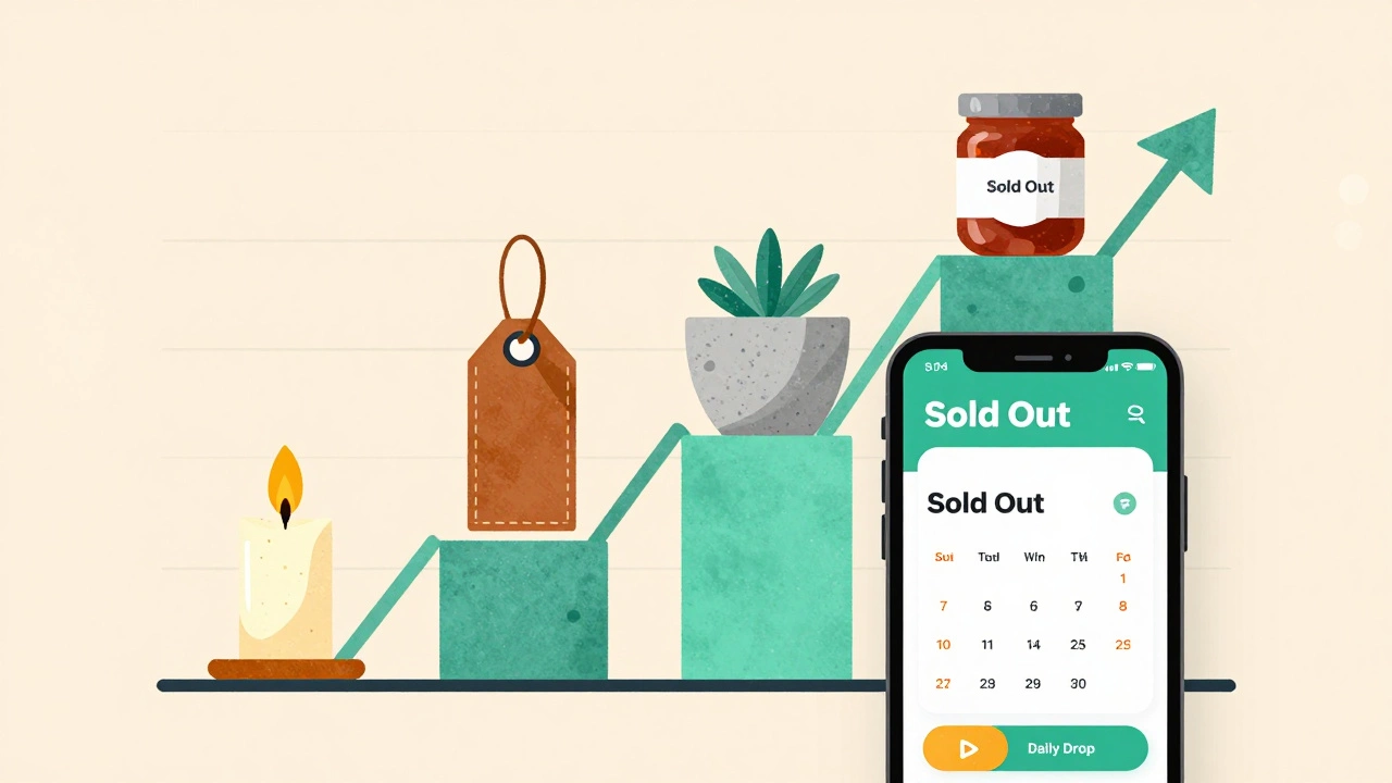 Illustration of growing business revenue through diverse handmade product icons and sales.