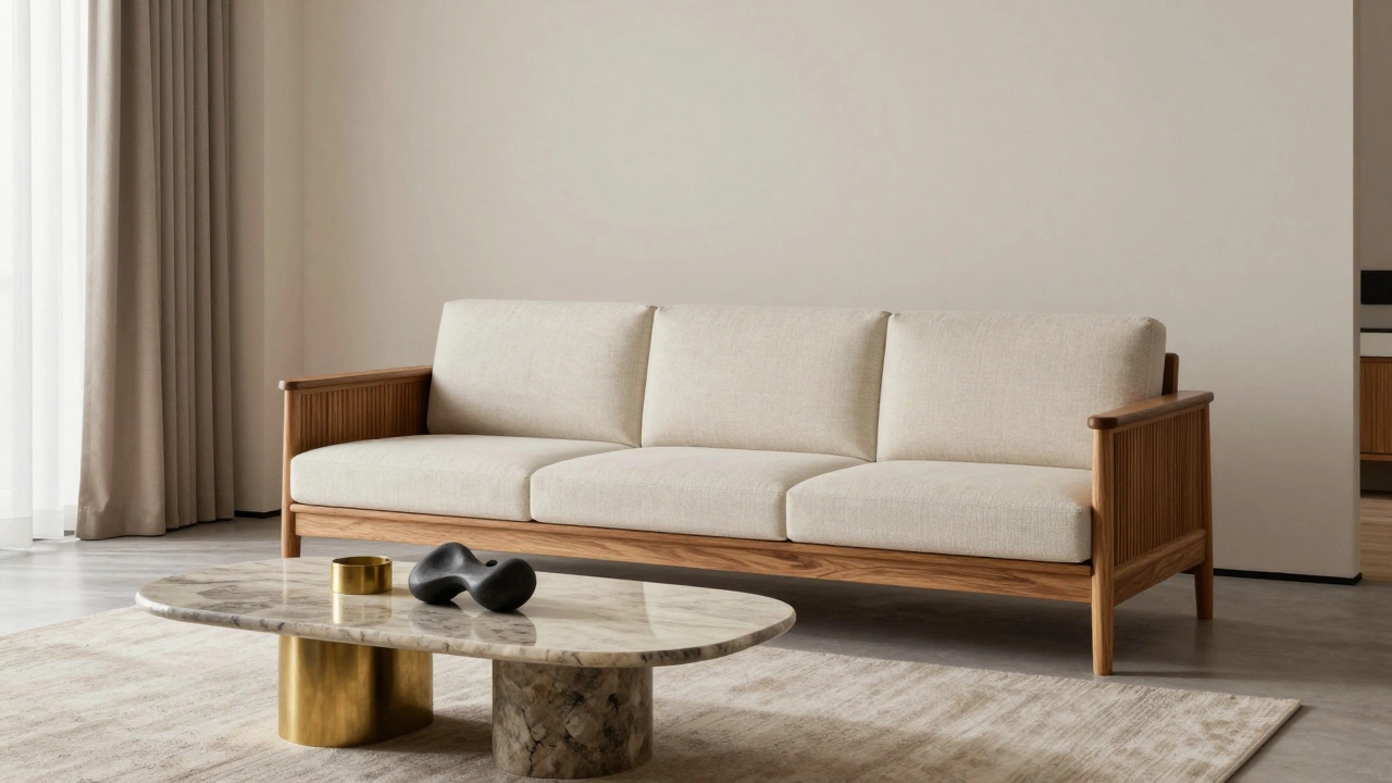 Modern bespoke teak sofa and sculptural coffee table in a minimalist room