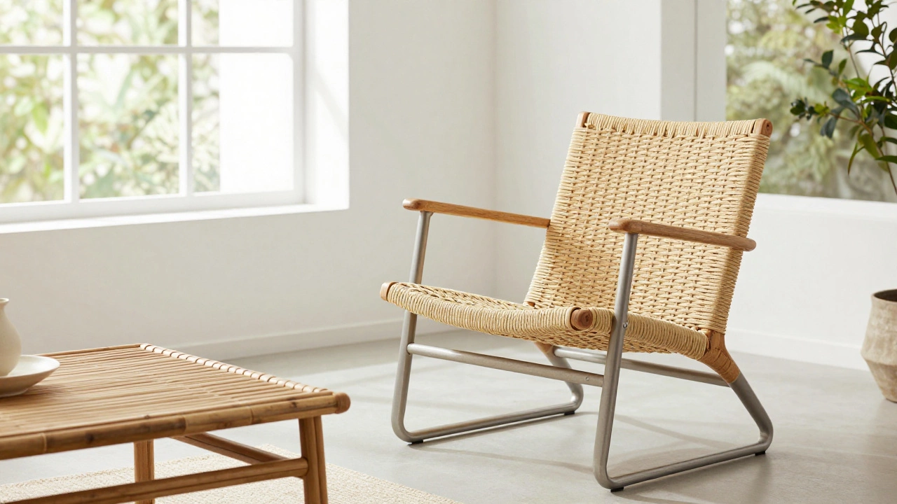 Modern rattan chair and bamboo table in a bright, minimalist Scandinavian living room.