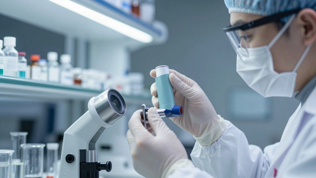 Scientist inspecting complex inhaler and biosimilar vial in lab.
