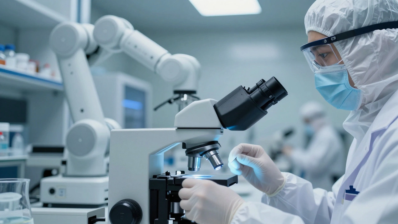 Scientist working in a high-tech, sterile laboratory with advanced automation equipment in the background.