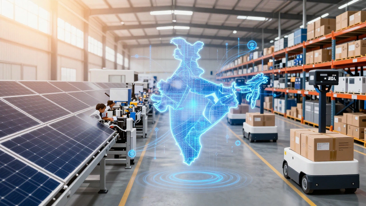 Split view of solar manufacturing in Gujarat and logistics in UP