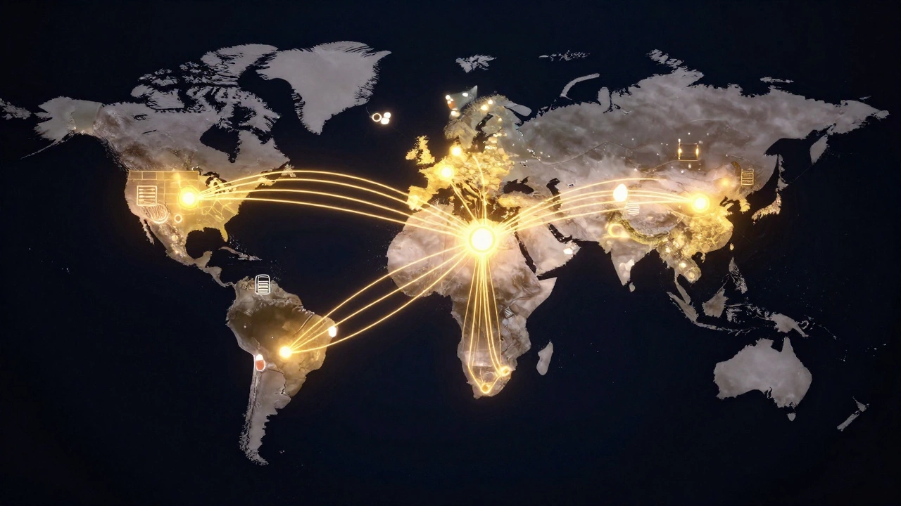 Stylized map showing drug exports from India to US and Europe.