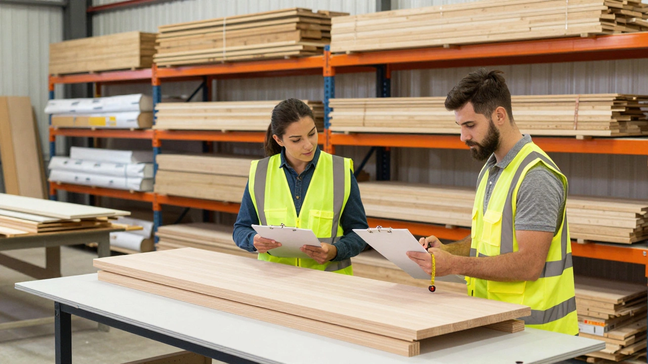 Workers inspecting furniture quality in a small production facility