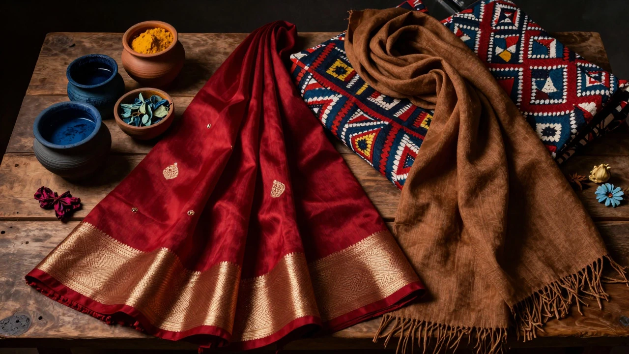 Assortment of colorful Indian silk and cotton textiles with natural dye pots.