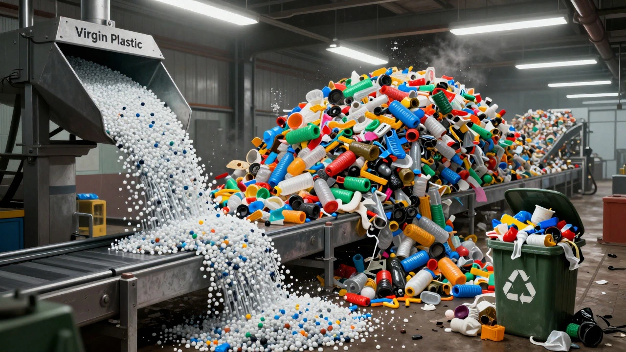 Chaotic conveyor belt showing excess plastic waste vs small recycling bin
