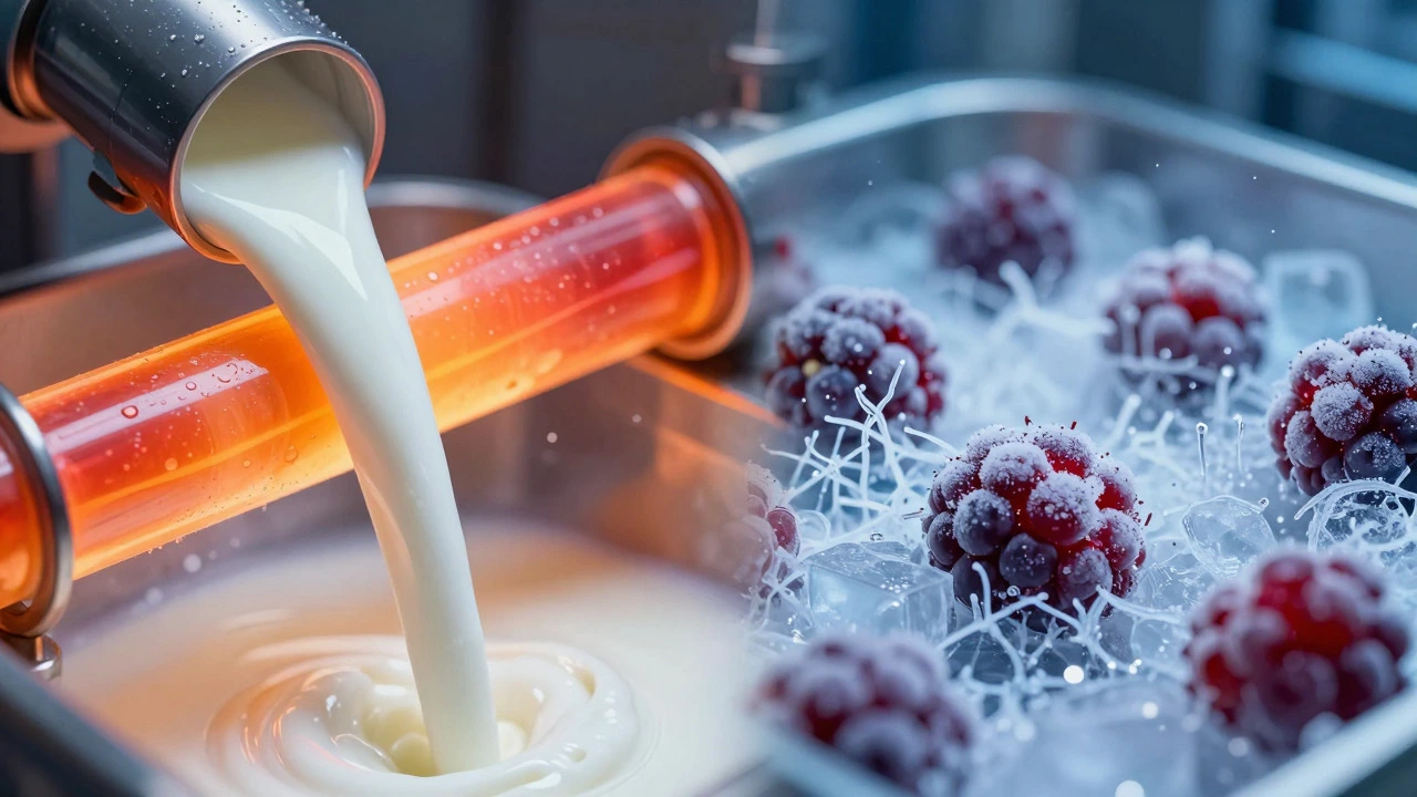 Close-up of milk heating and berries freezing in industrial food processing