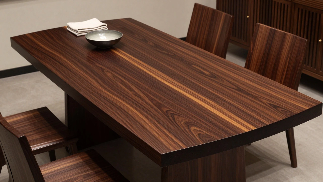 Dark brown Sheesham wood dining table in a living room