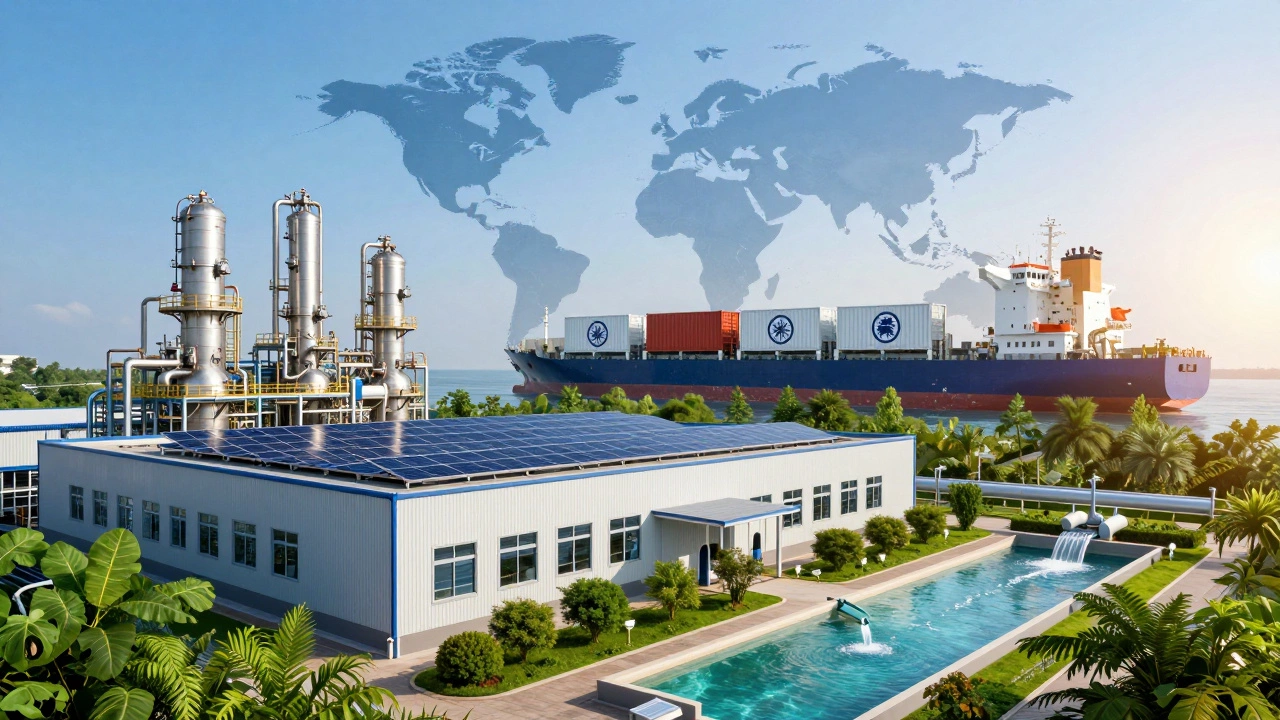 Eco-friendly pharma plant with solar panels and global export logistics