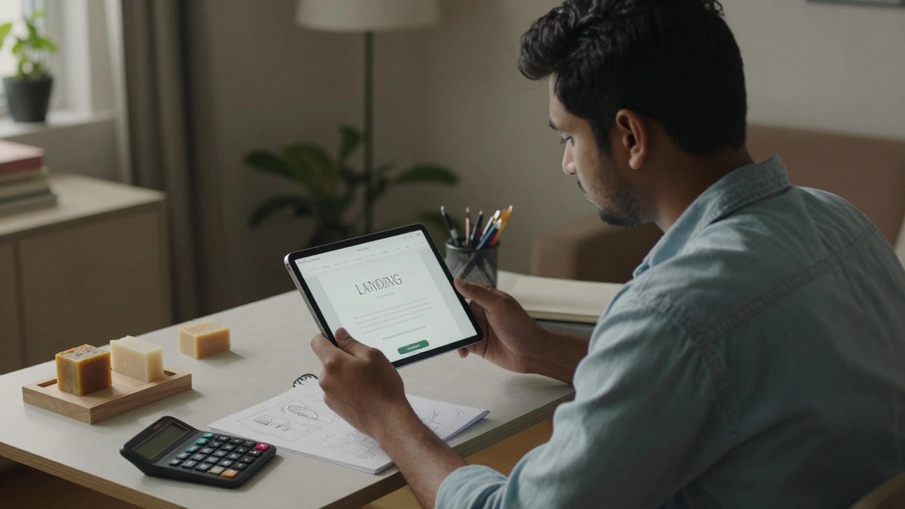 Entrepreneur validating product idea on tablet with physical prototypes nearby