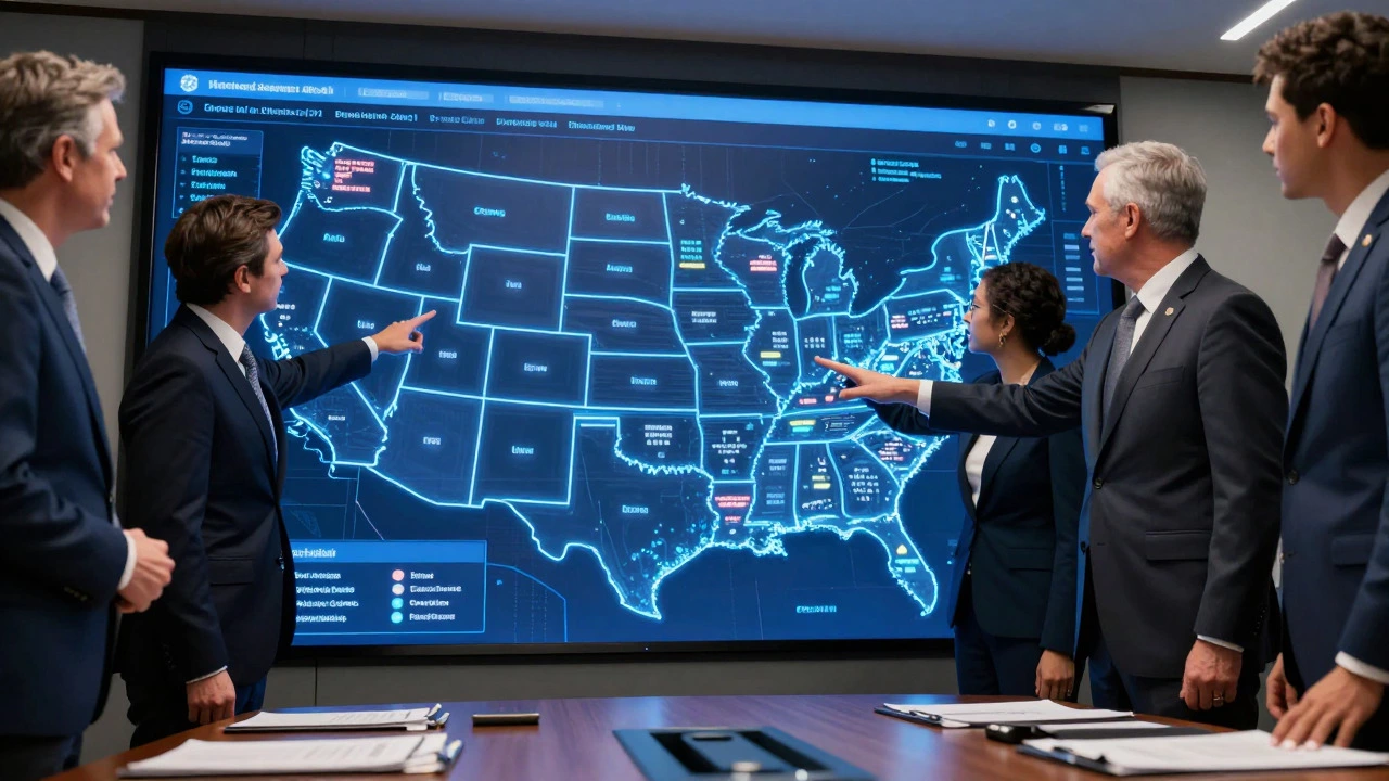 Executives analyzing US map for manufacturing incentives