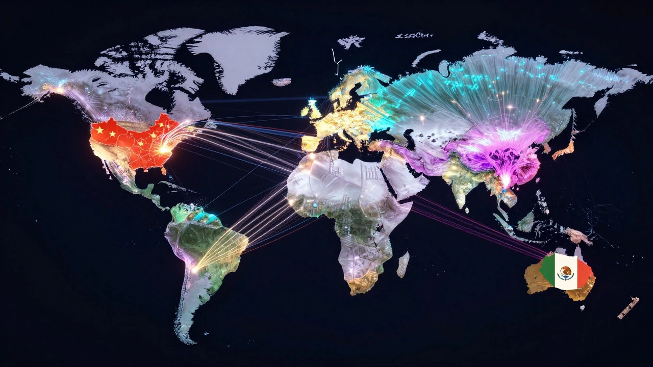 Global supply chain network connecting major manufacturing nations