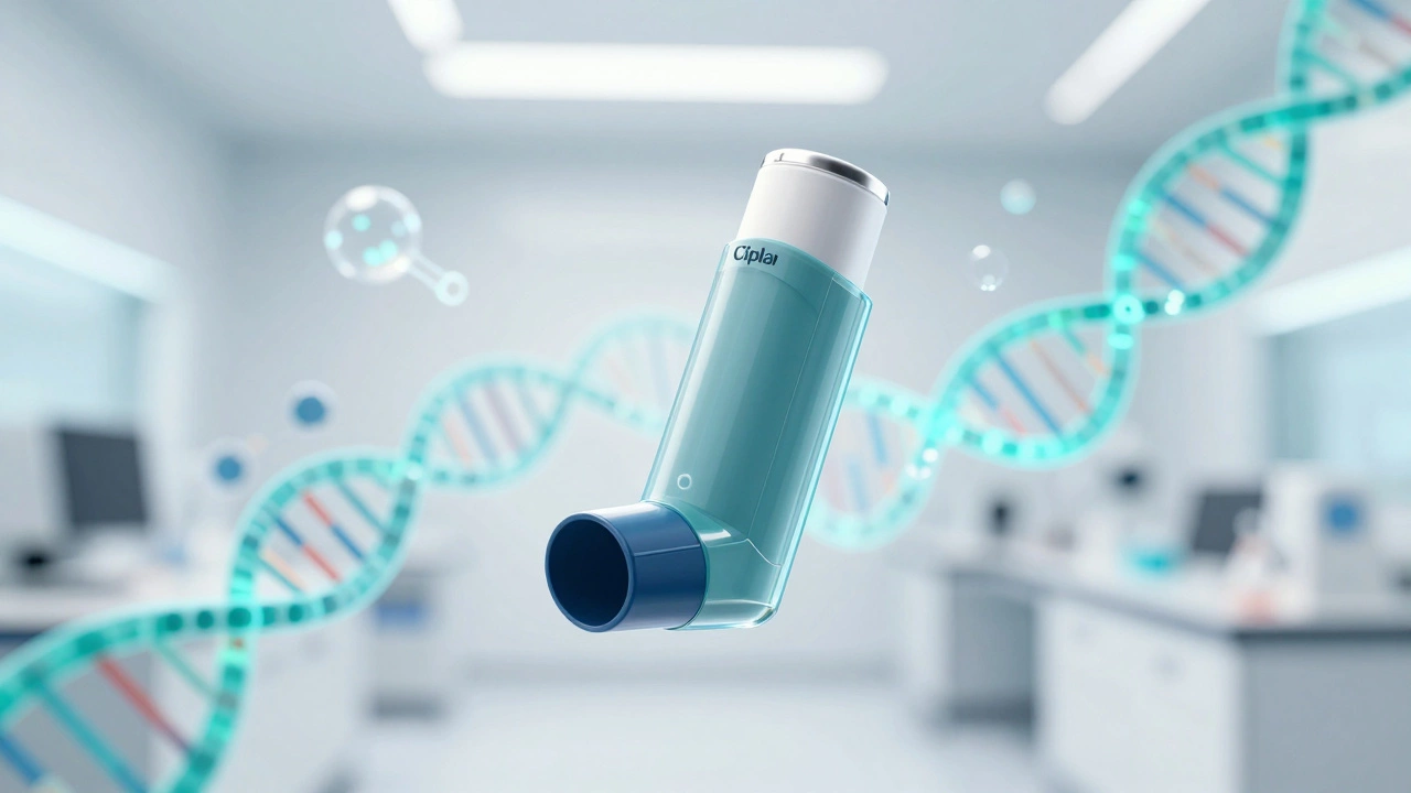 Modern inhaler and molecular graphics representing pharma innovation