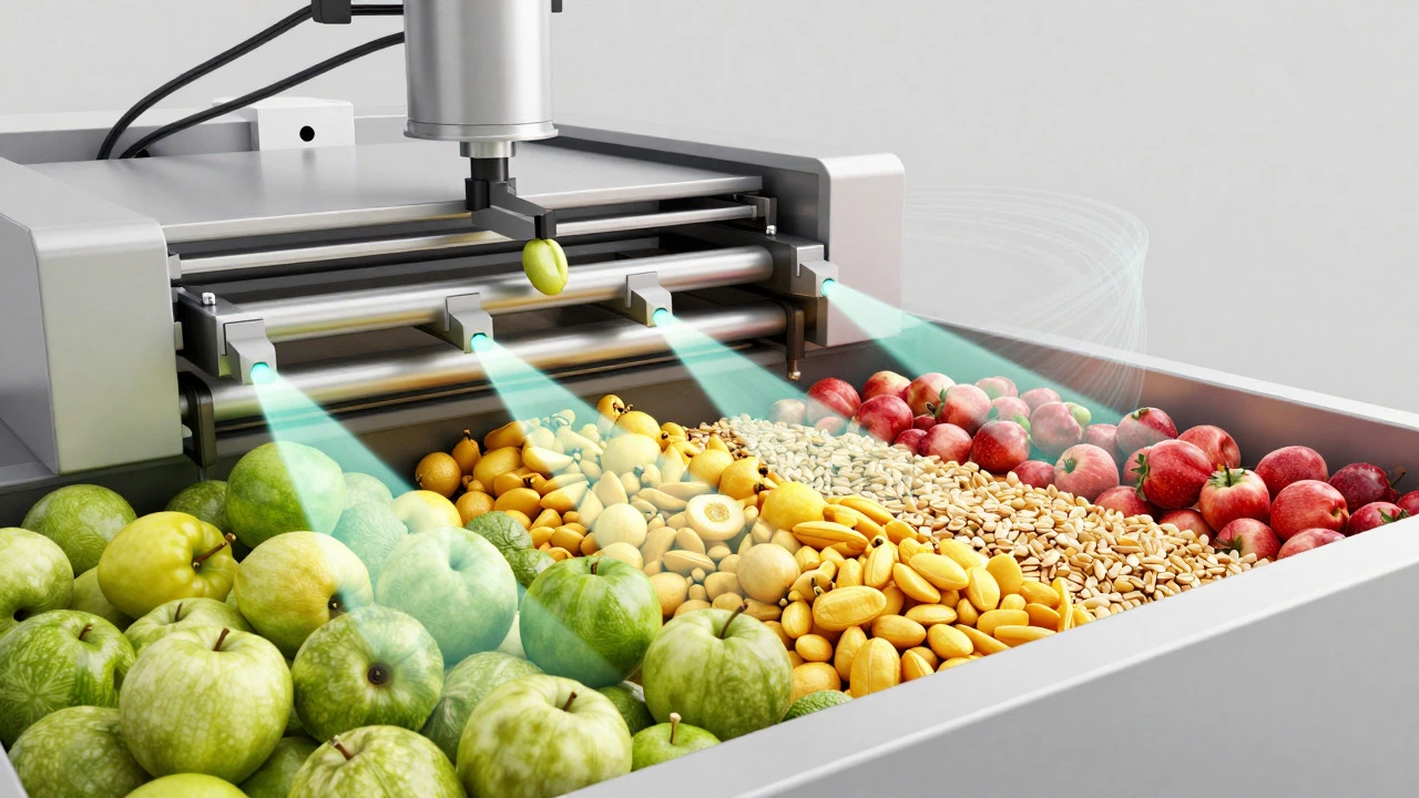 Optical sorting machine analyzing fresh produce with light beams