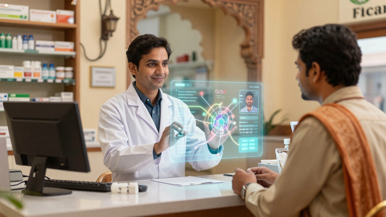 Pharmacist using AR technology to counsel a patient in an Indian pharmacy