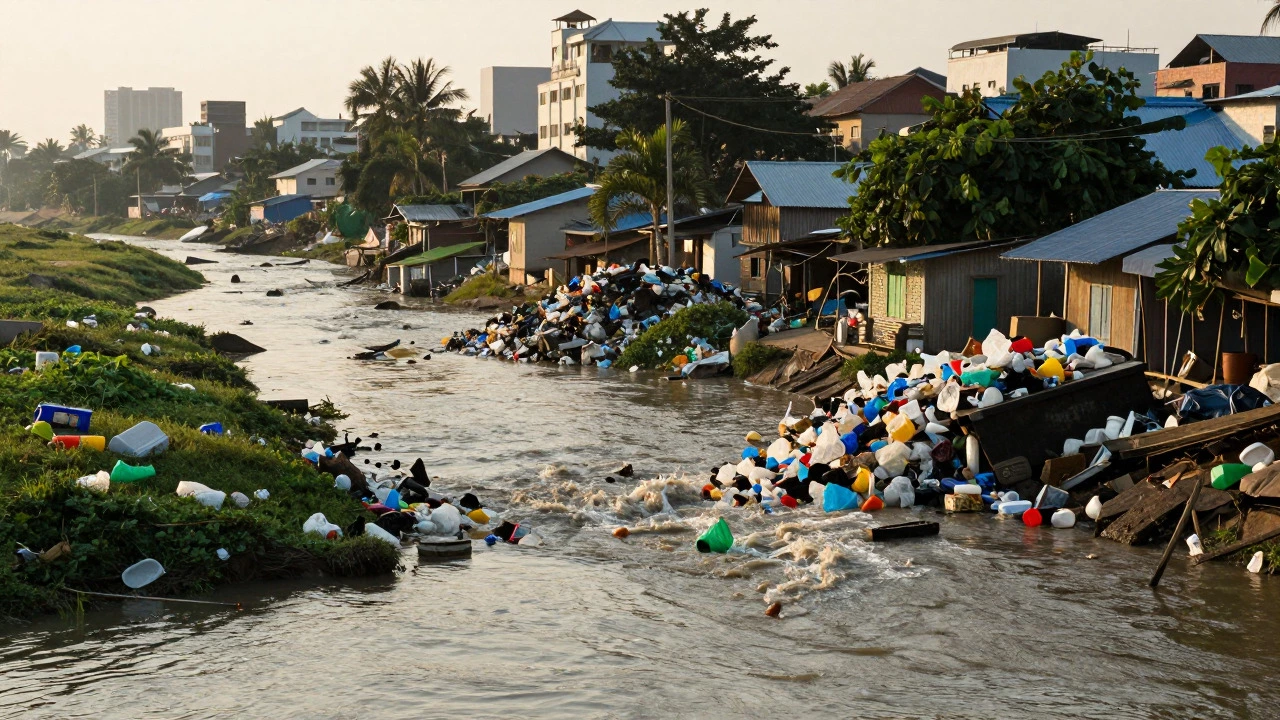 River in urban area carrying plastic waste towards the sea at sunset