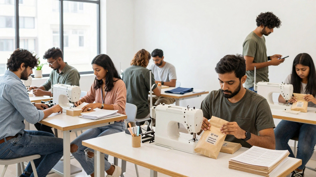 Small team packaging eco-friendly products in a bright shared workshop