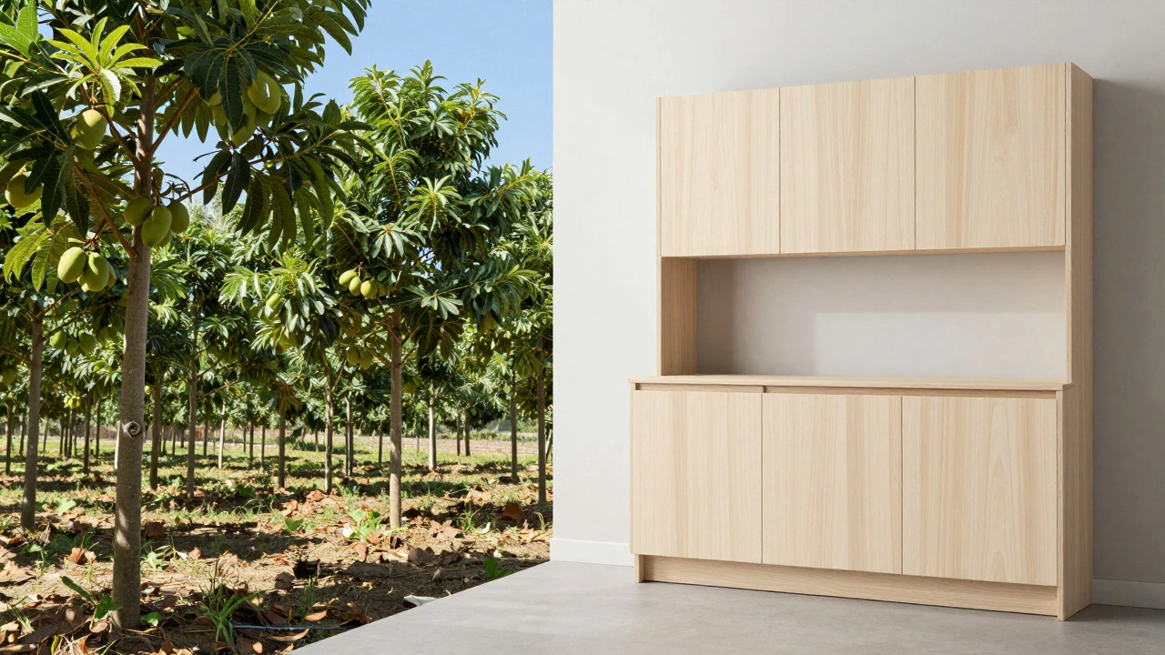 Split view of wood plantations and modern Maple cabinets