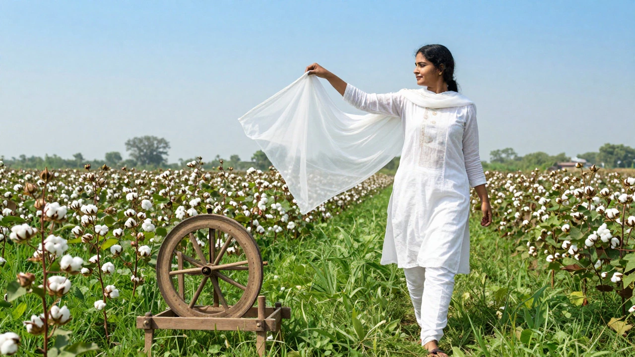 Woman holding white Khadi cotton fabric in a green field near a spinning wheel.