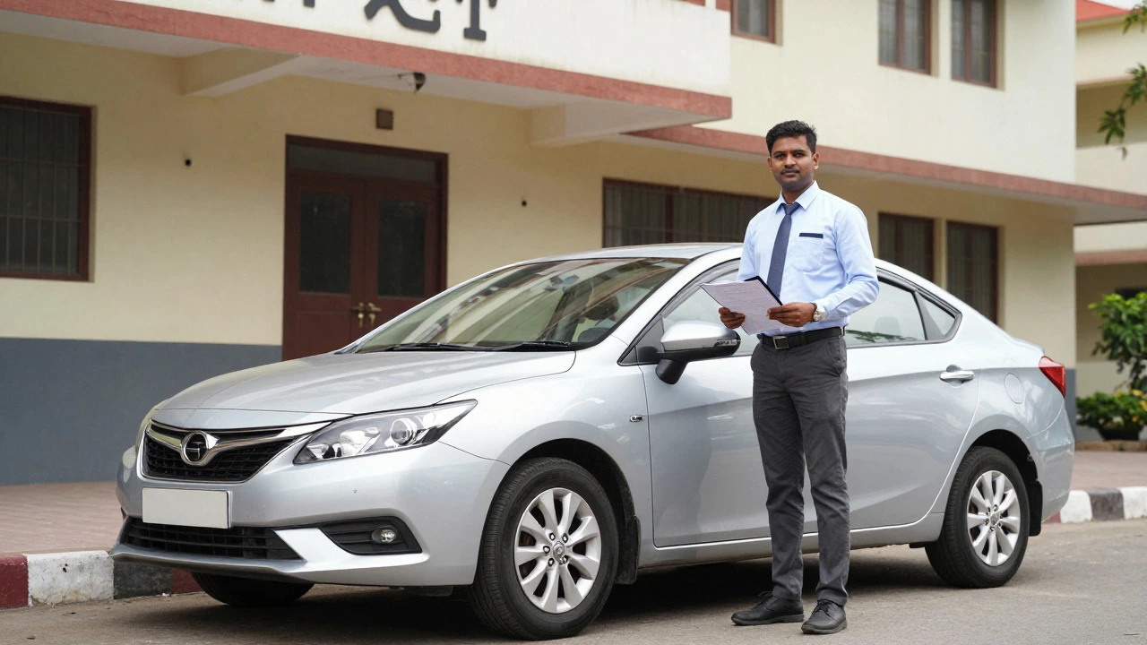 A clearing agent standing next to a newly imported car outside an Indian RTO office