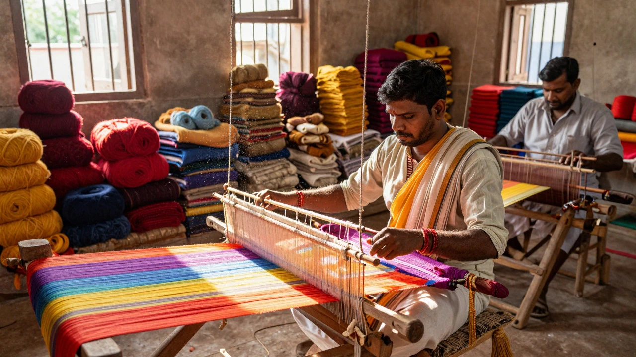 Artisans weaving colorful fabrics on traditional handlooms in a cluster