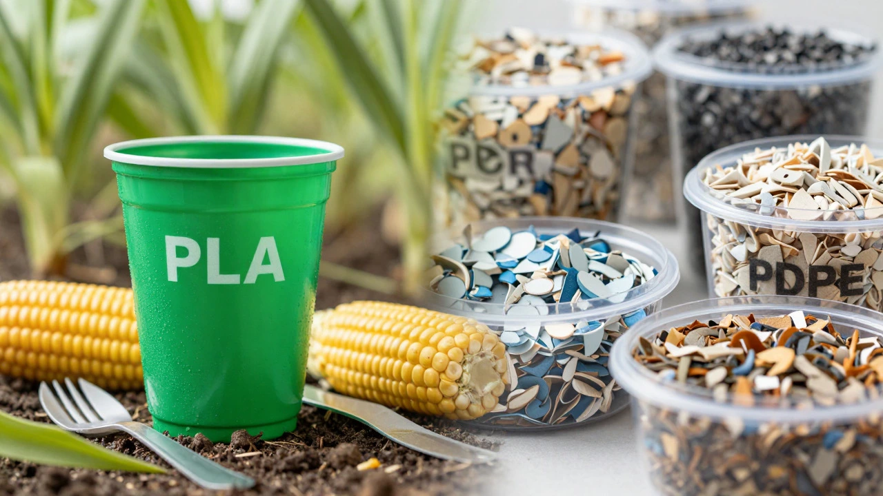 Biodegradable PLA cups next to recycled plastic flakes showing sustainability