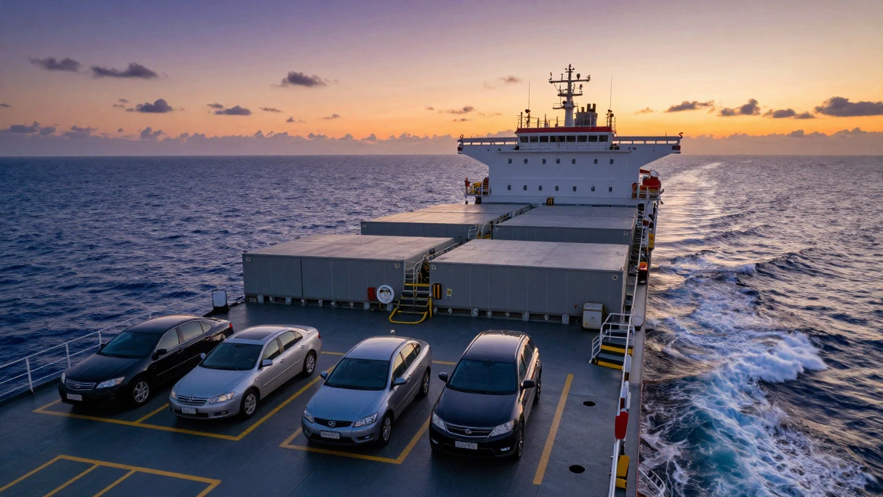 Cars secured on a cargo ship crossing the ocean at sunset