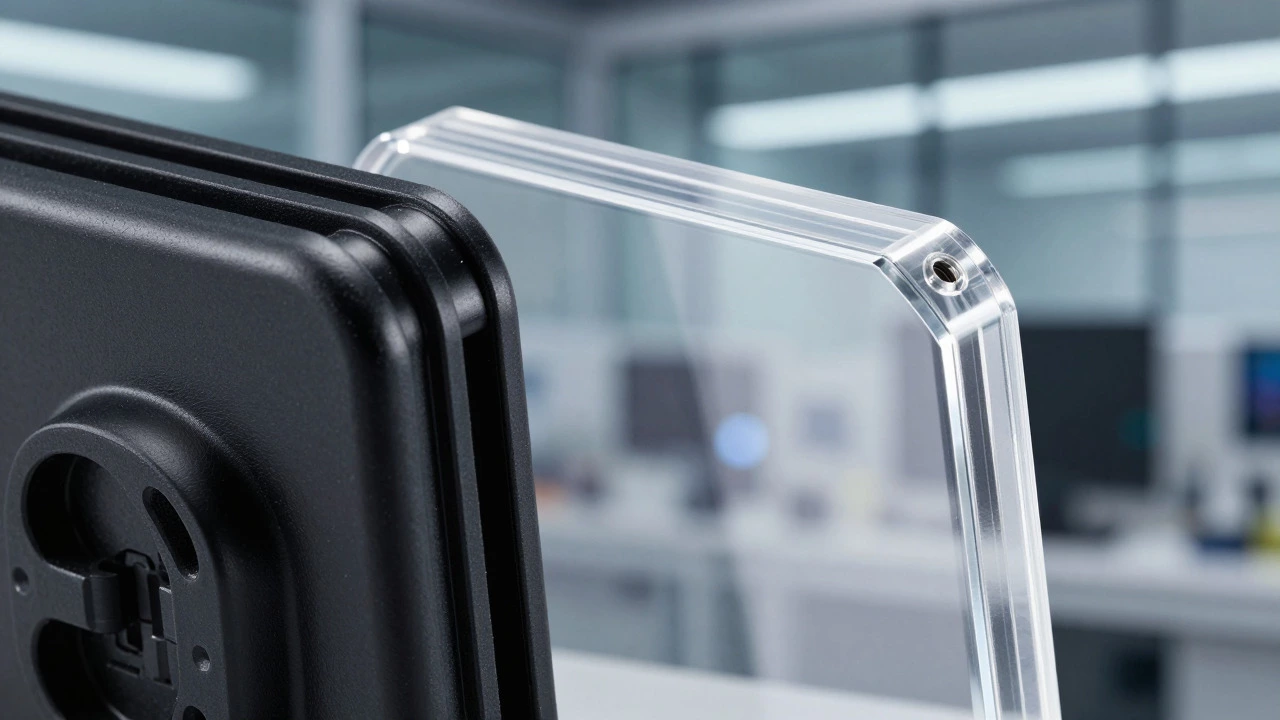 Close-up of ABS electronic housing and transparent polycarbonate lens