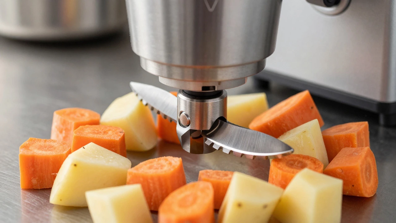 Close-up of sharp steel blade and uniformly diced vegetables in pro kitchen