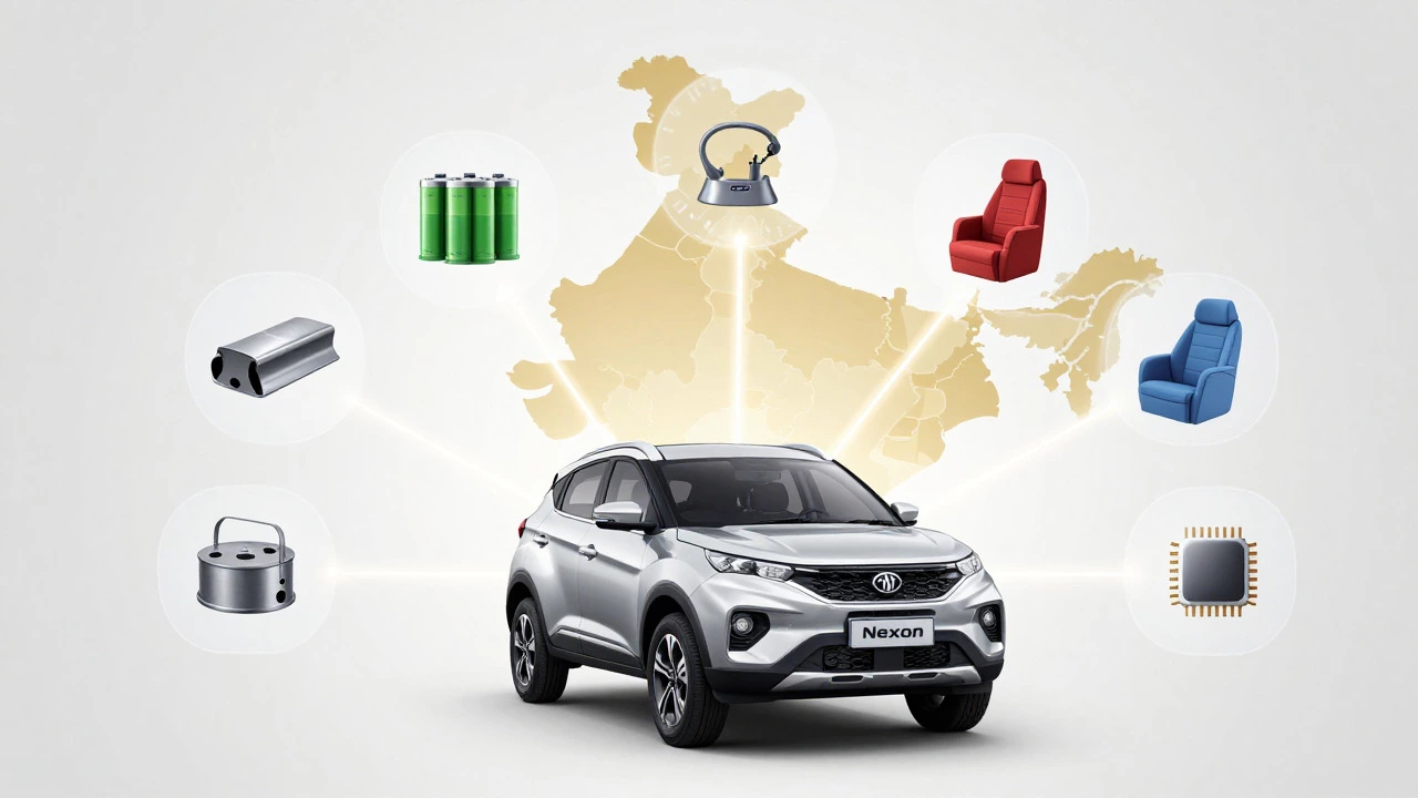 Conceptual art showing Indian car connected to domestic supply chains