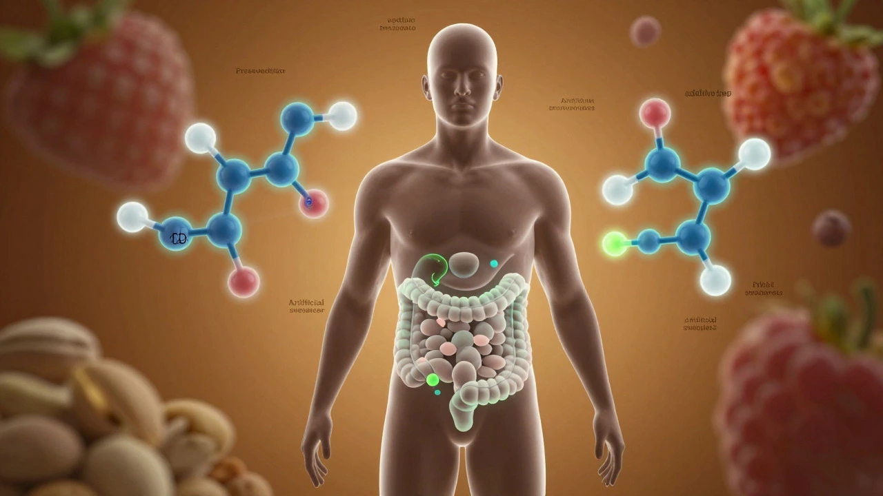Conceptual illustration of synthetic additives disrupting gut health amidst fading natural foods