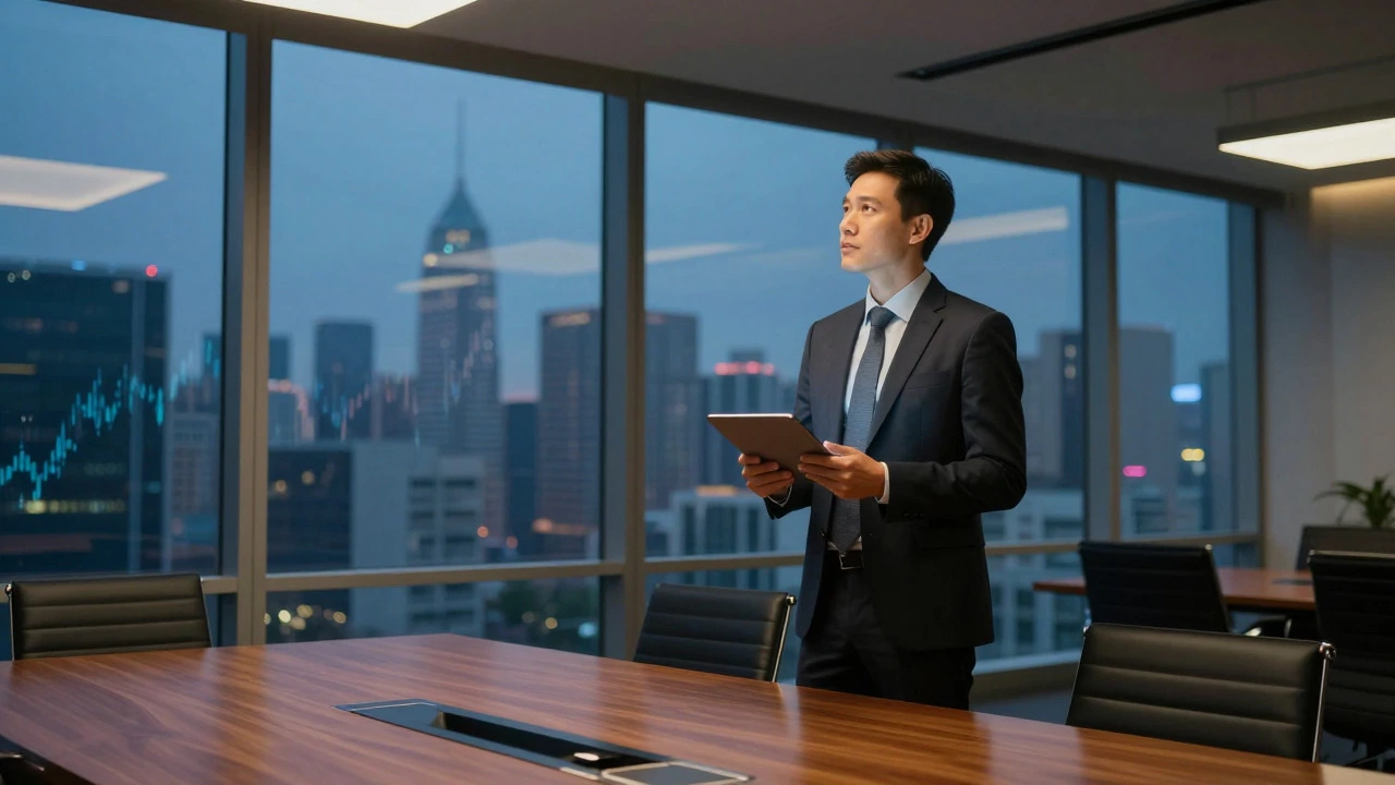 Executive in a modern boardroom overlooking a city skyline at dusk