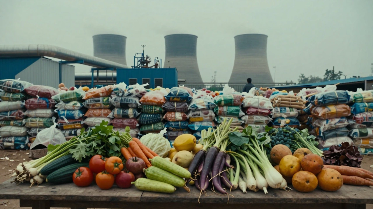 Fresh local produce overshadowed by plastic waste and industrial factory pollution