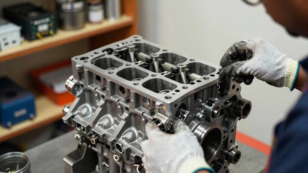 Skilled workers assembling a shiny engine block with local components