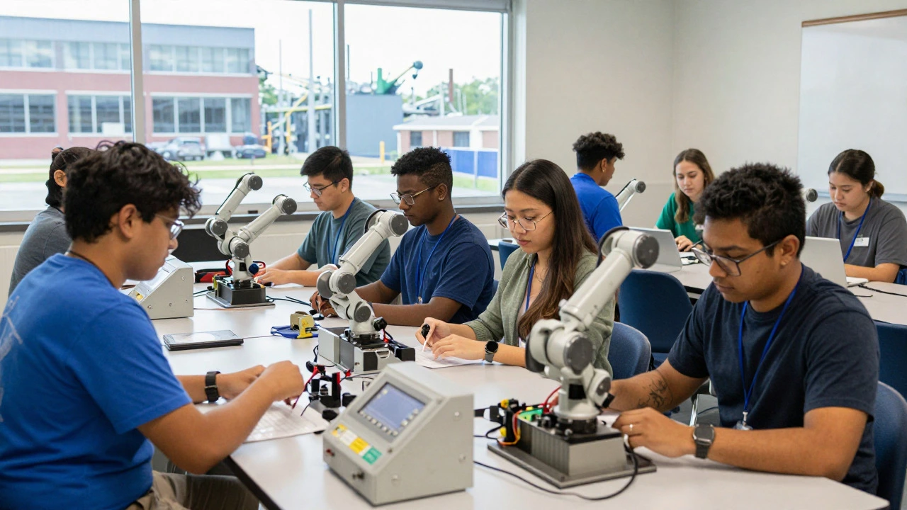Students in a mechatronics training lab with a view of a modern factory outside