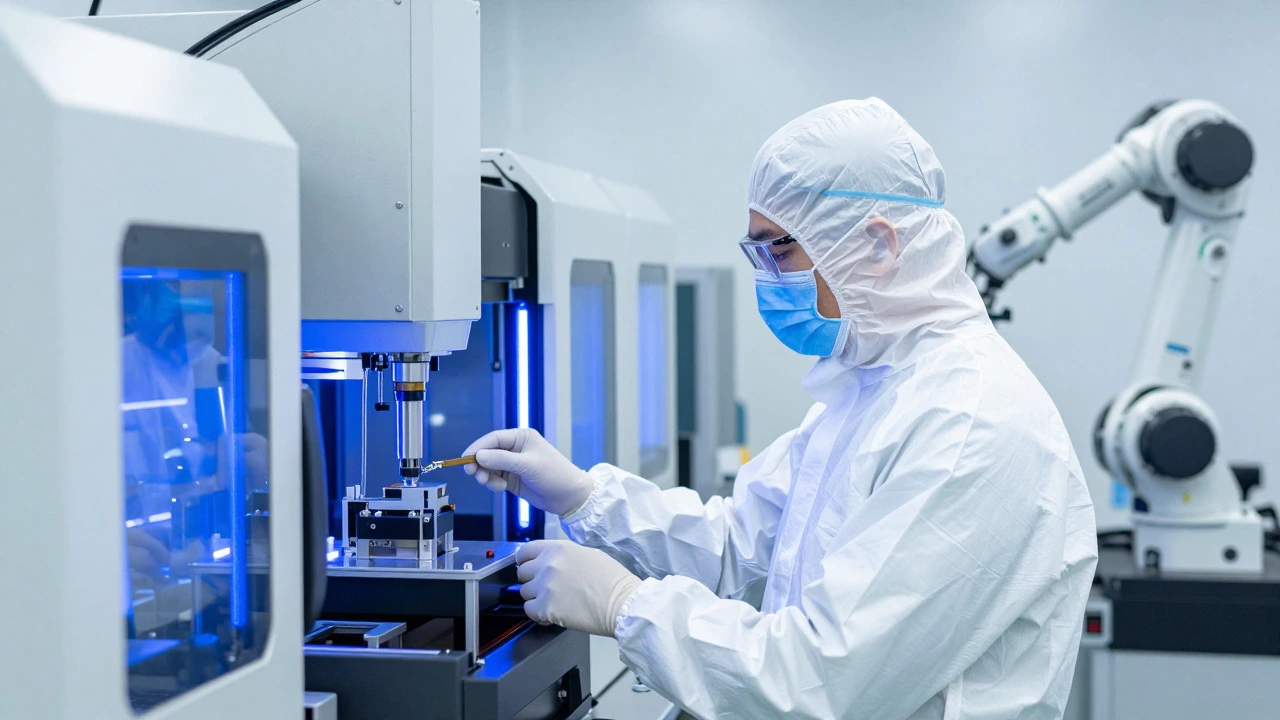 Worker in protective gear inside a bright, automated semiconductor fabrication plant