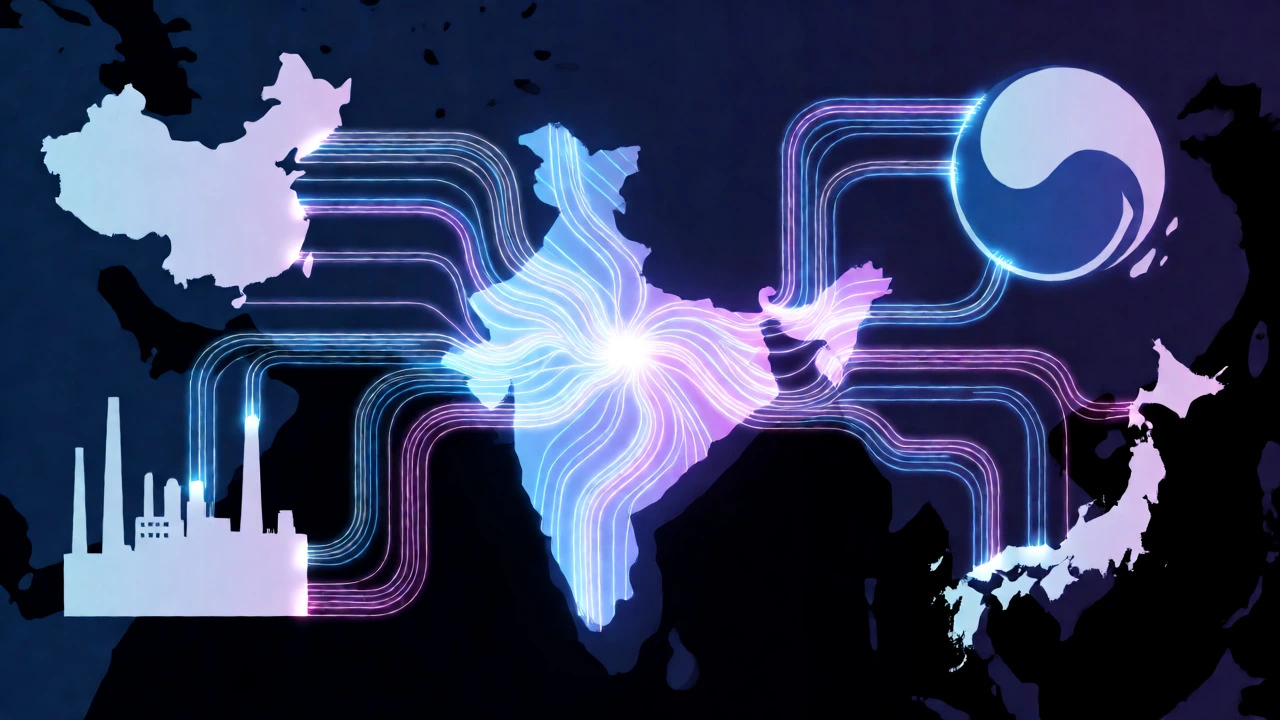 Abstract digital illustration of global electronics supply chains connecting to India.