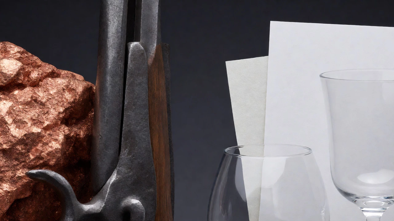 Close-up comparison of raw copper ore, antique firearm barrels, modern paper, and glassware on a dark background.