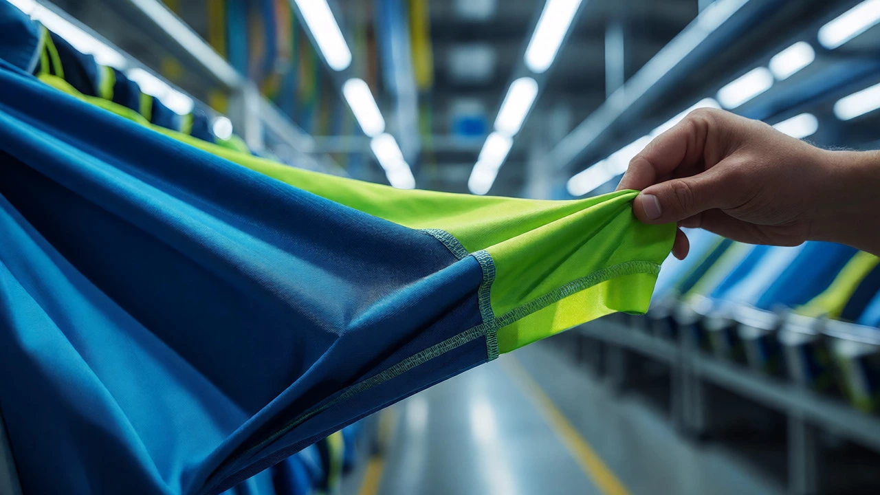 Close-up of stretchable polyester activewear fabric being tested