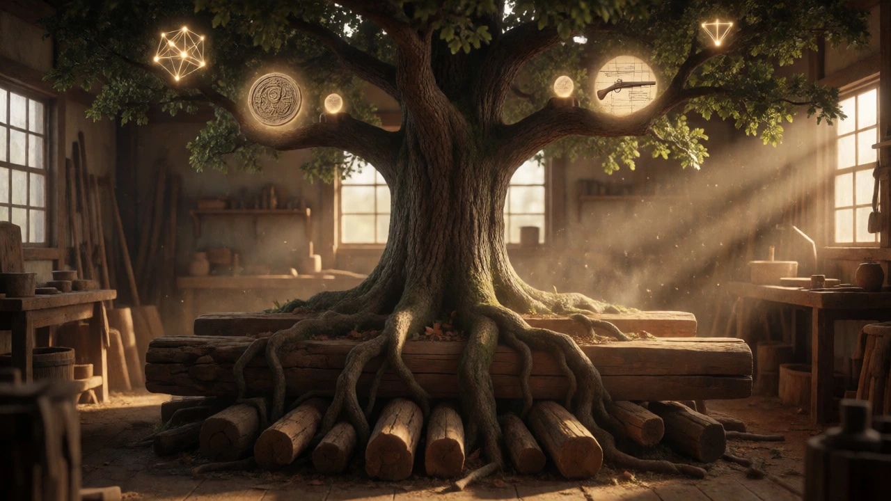Conceptual art of an oak tree in a workshop with roots linked to historical building materials and glowing era symbols.