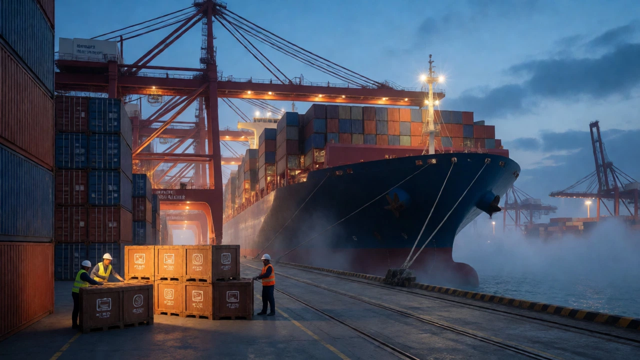 Container ship at an Indian port at dusk with cranes and cargo loading activities.
