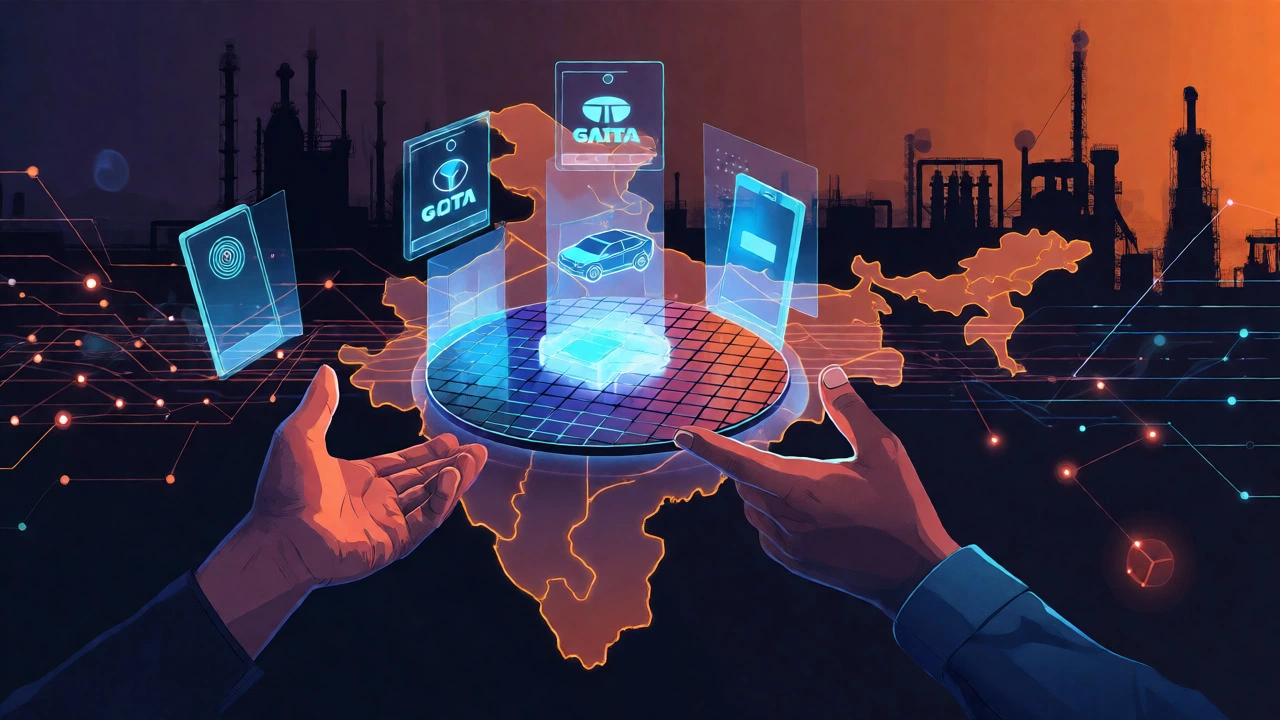 Digital art showing silicon wafer powering EVs and phones across India.