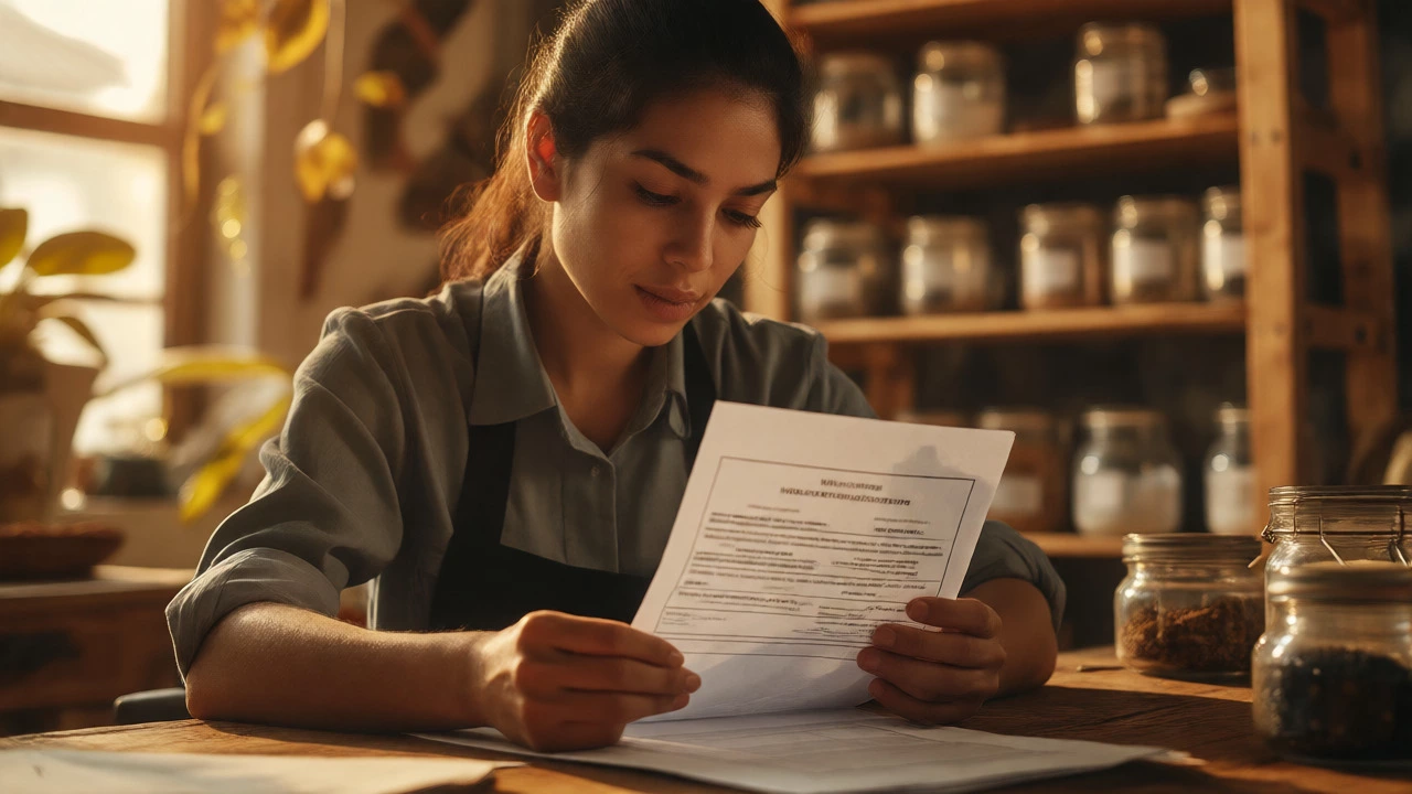 Female entrepreneur reviewing registration documents in her home workshop.