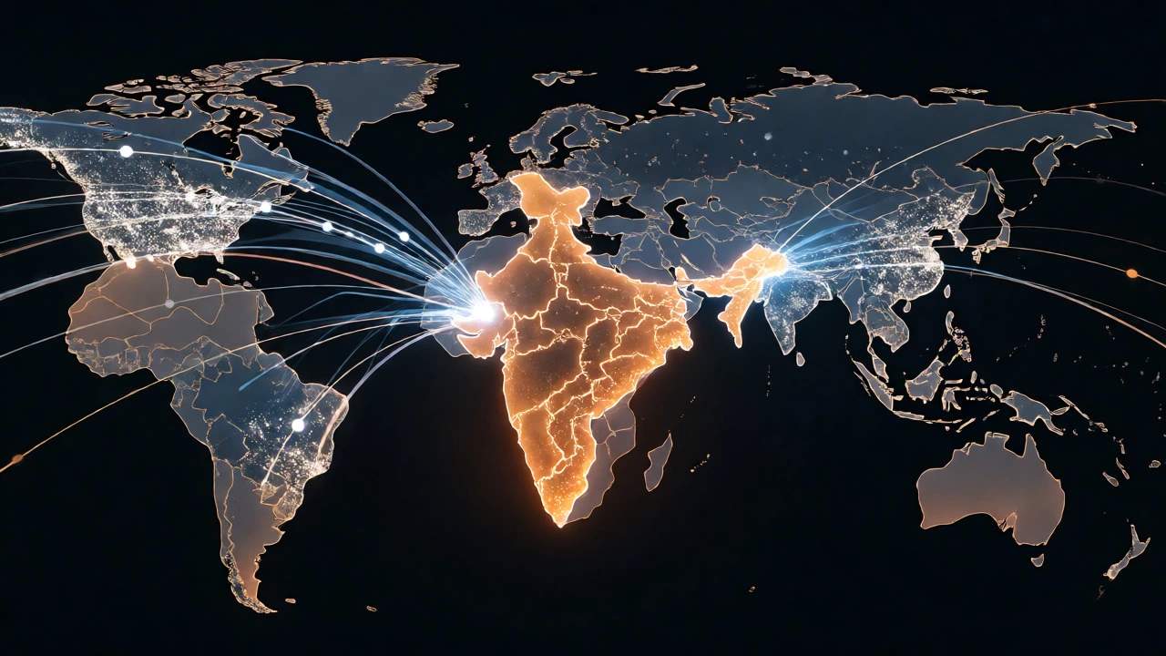 Glowing network map showing India distributing medicines globally as a central hub.