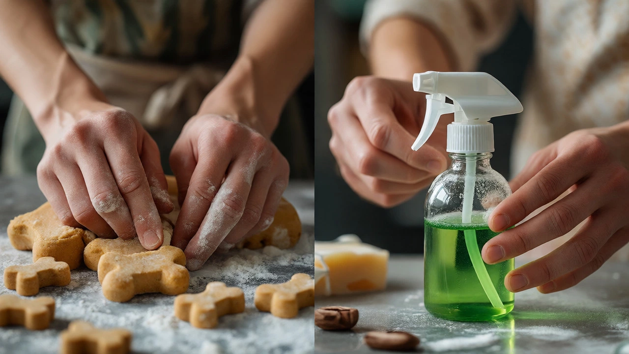Hands making organic pet treats and bottling eco-friendly cleaning sprays.