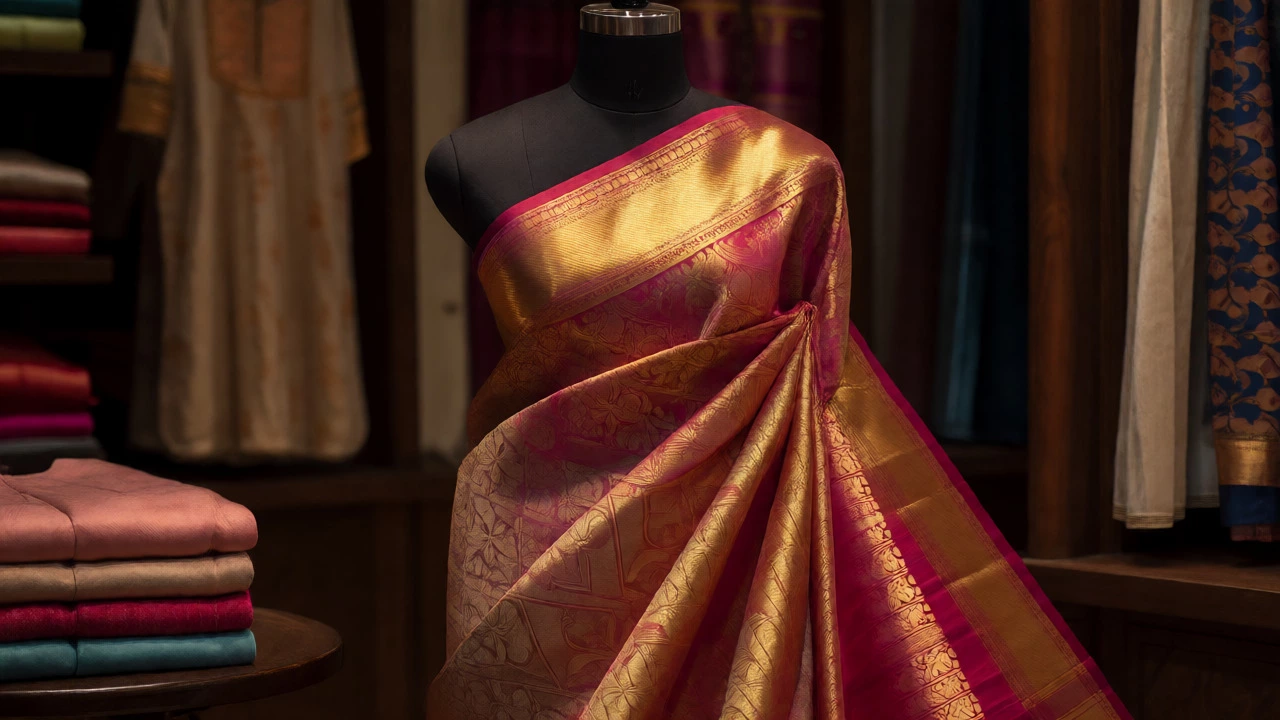 Luxurious red silk saree with gold detailing in a boutique