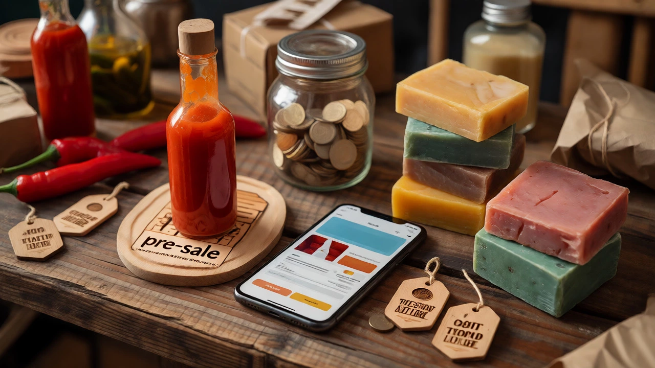Prototype hot sauce, artisan soaps, and digital sales setup on a wooden table.