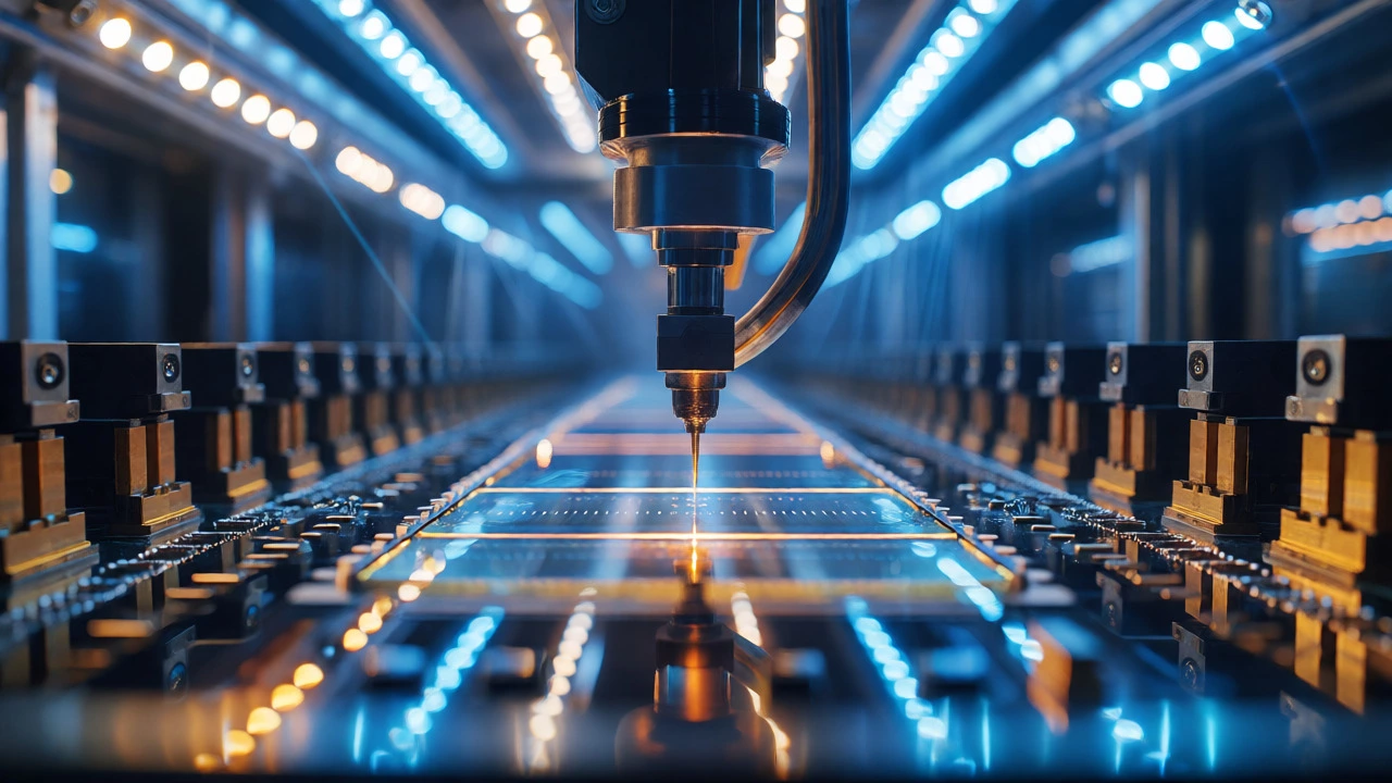 Robotic arm assembling chips in a cleanroom facility in Gujarat.