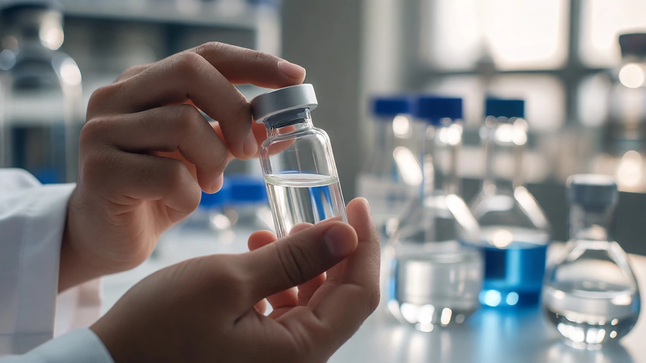 Scientist inspecting a vial of medicine in a clean, high-tech Indian laboratory.